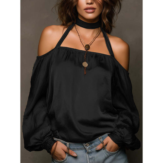 Damen Off-Shoulder Bluse mit voluminösen Ärmeln und Choker R&B