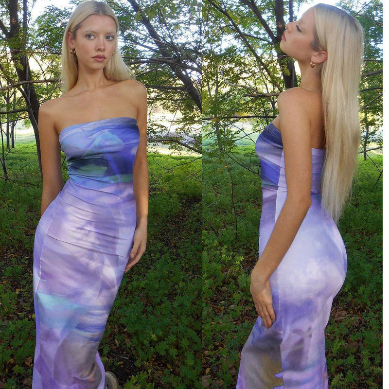 Damen Bodycon Maxikleid mit schulterfreiem Design und traumhaftem Farbverlauf R&B