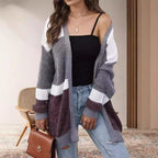 Damen lockere Strickjacke mit modischem Streifenmuster R&B