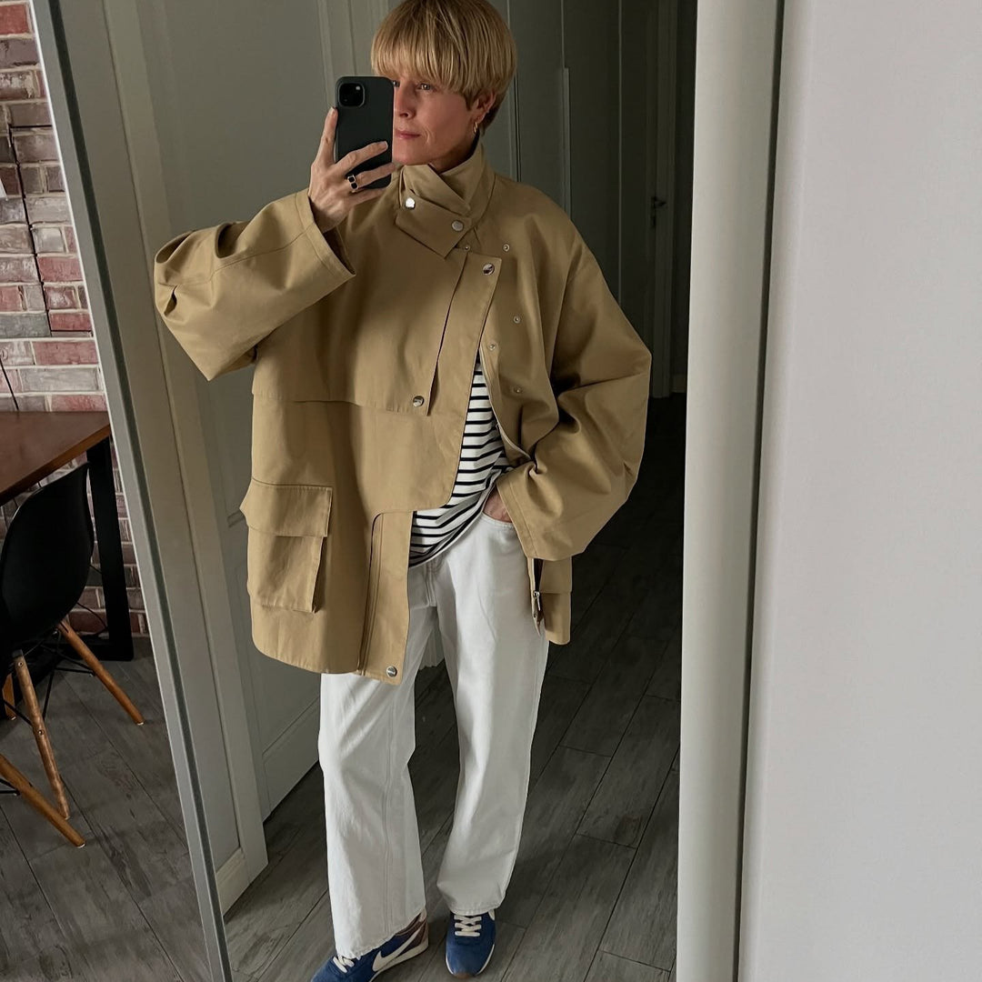 Damen Oversized Utility-Jacke mit Gürtel und großen Taschen R&B