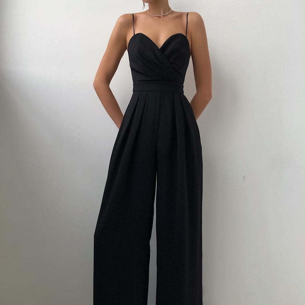 Damen eleganter Jumpsuit mit tiefem V-Ausschnitt und weiten Beinen R&B