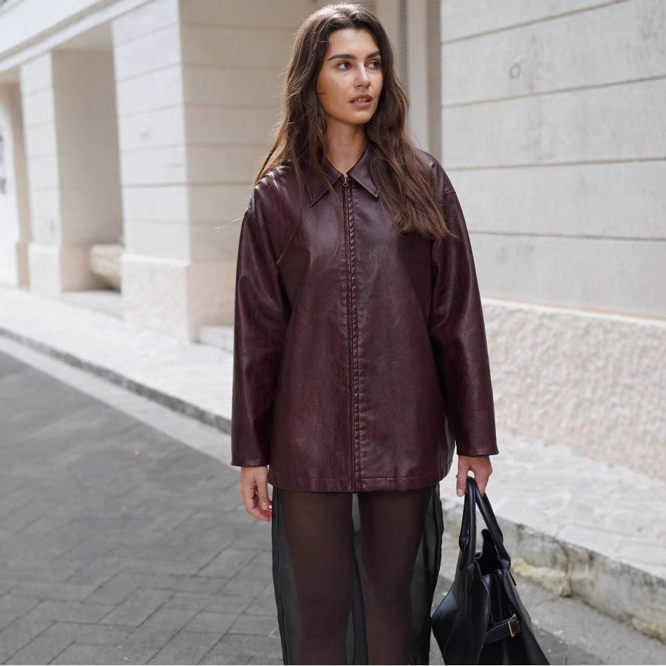 Damen lässige Kunstlederjacke mit strukturiertem Design R&B