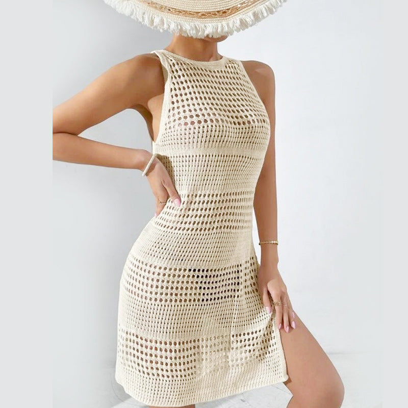 Damen Häkel-Strandkleid mit tiefem Schlitz und raffiniertem Muster R&B