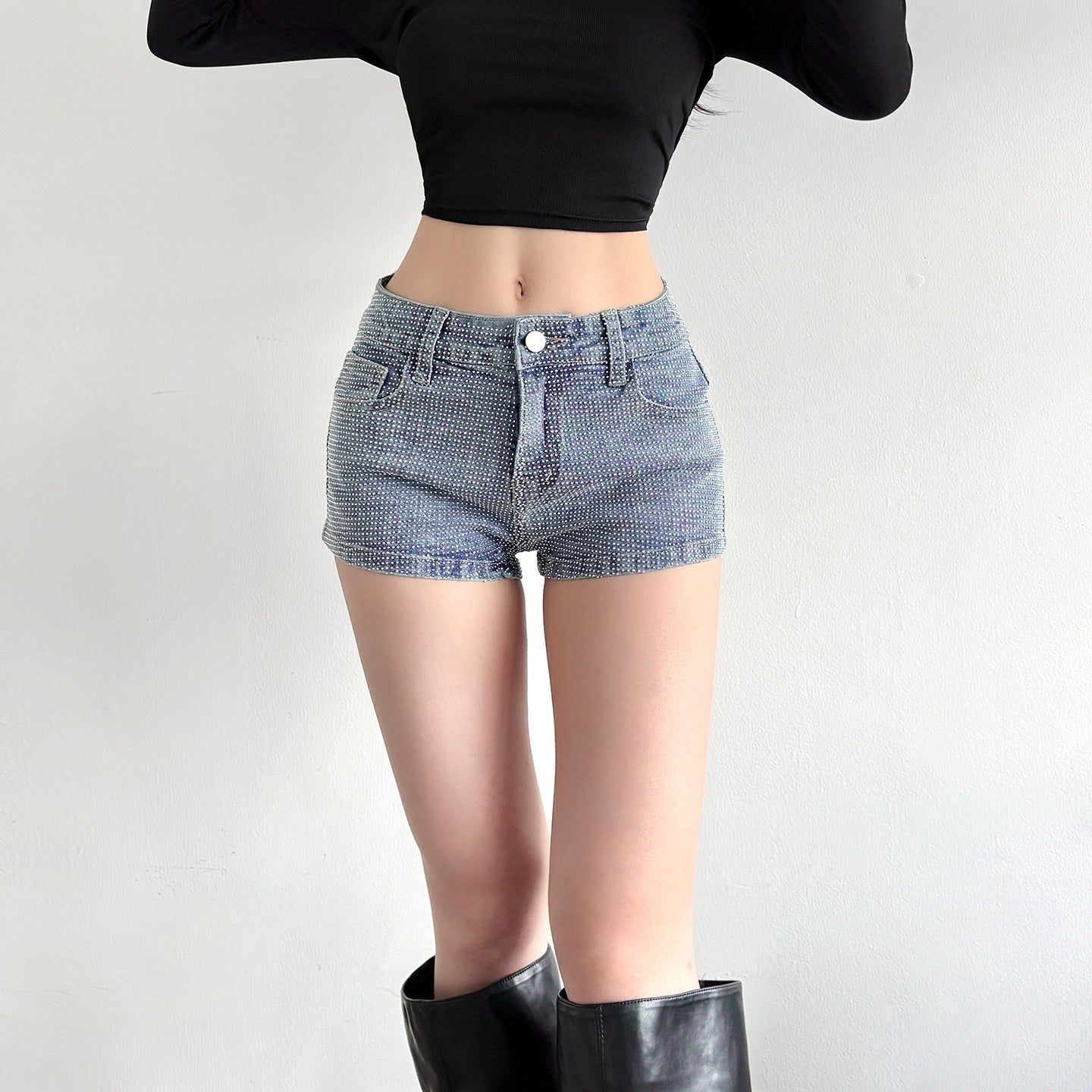 Damen Glitzernde Denim-Shorts mit funkelnden Akzenten R&B
