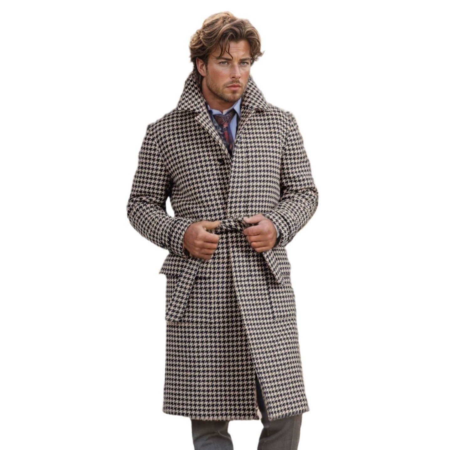 Herren eleganter Karomantel mit praktischen Taschen und modernem Schnitt R&B