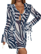 Damen transparentes Strandkleid mit Rüschendetails und bindbaren Ärmeln R&B