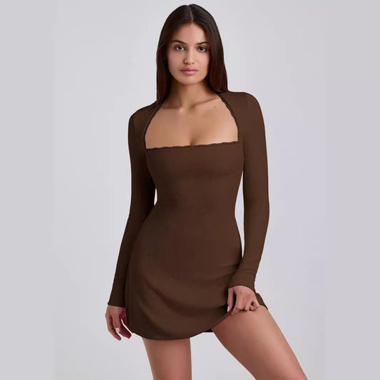 Damen Langärmeliges Minikleid mit elegantem Ausschnitt und Rippstruktur R&B