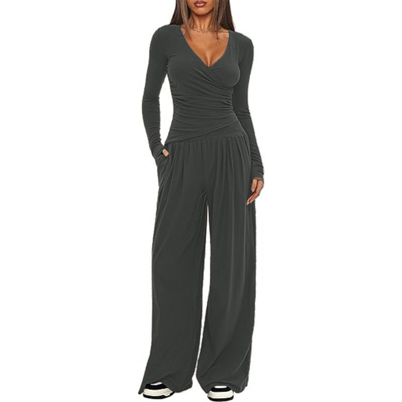 Damen Eleganter Wickel-Jumpsuit mit weitem Bein und modischen Details EB