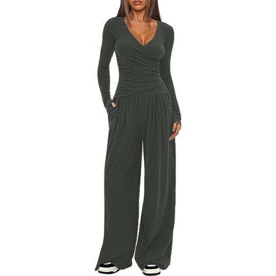 Damen Eleganter Wickel-Jumpsuit mit weitem Bein und modischen Details R&B