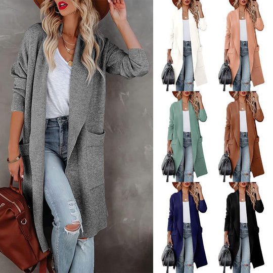 Damen lässiger Cardigan mit langen Ärmeln und praktischen Taschen R&B