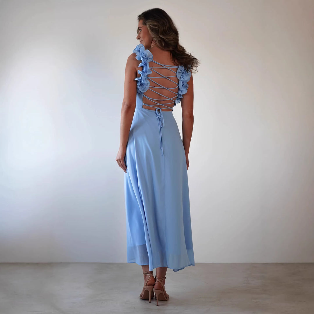 Damen Maxikleid mit verspielten Rüschendetails und elastischem Oberteil R&B