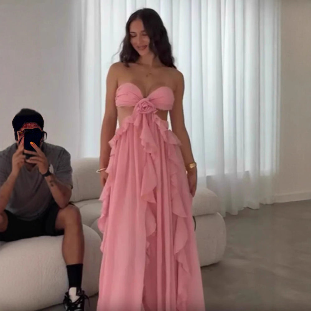 Damen luftiges Sommerkleid mit Rüschendetails und schulterfreiem Design R&B