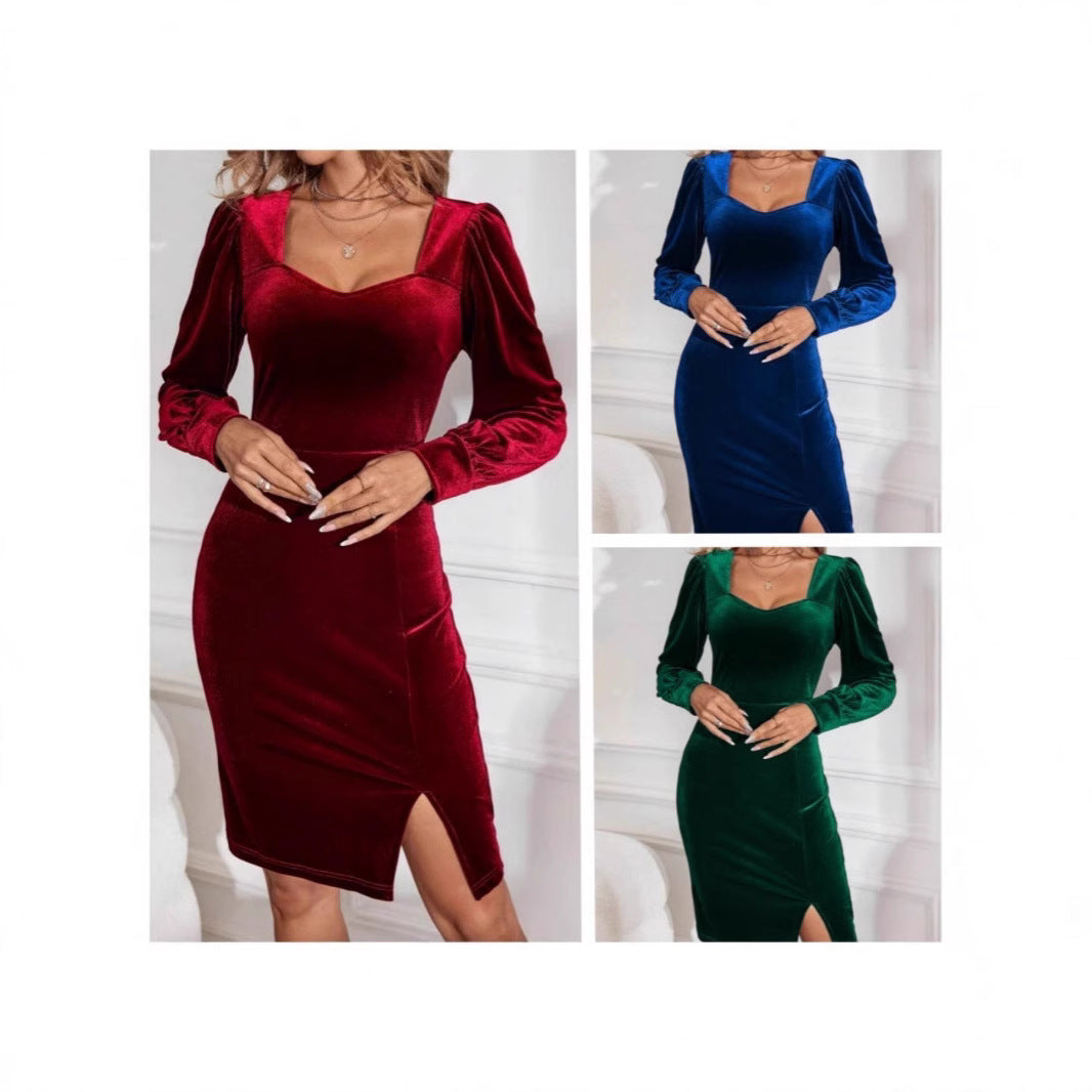 Damen figurbetontes Abendkleid mit tiefem Ausschnitt und Puffärmeln R&B