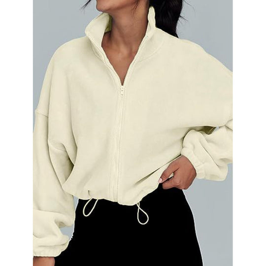 Damen trendy Oversize-Zip-Pullover mit hohem Kragen und Kordelzug R&B