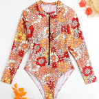 Damen Langarm-Badeanzug mit floralem Design und herausziehbarem Reißverschluss R&B