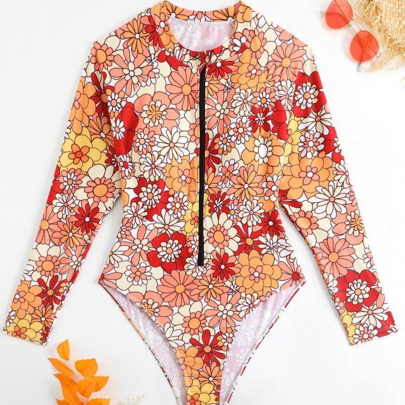 Damen Langarm-Badeanzug mit floralem Design und herausziehbarem Reißverschluss R&B