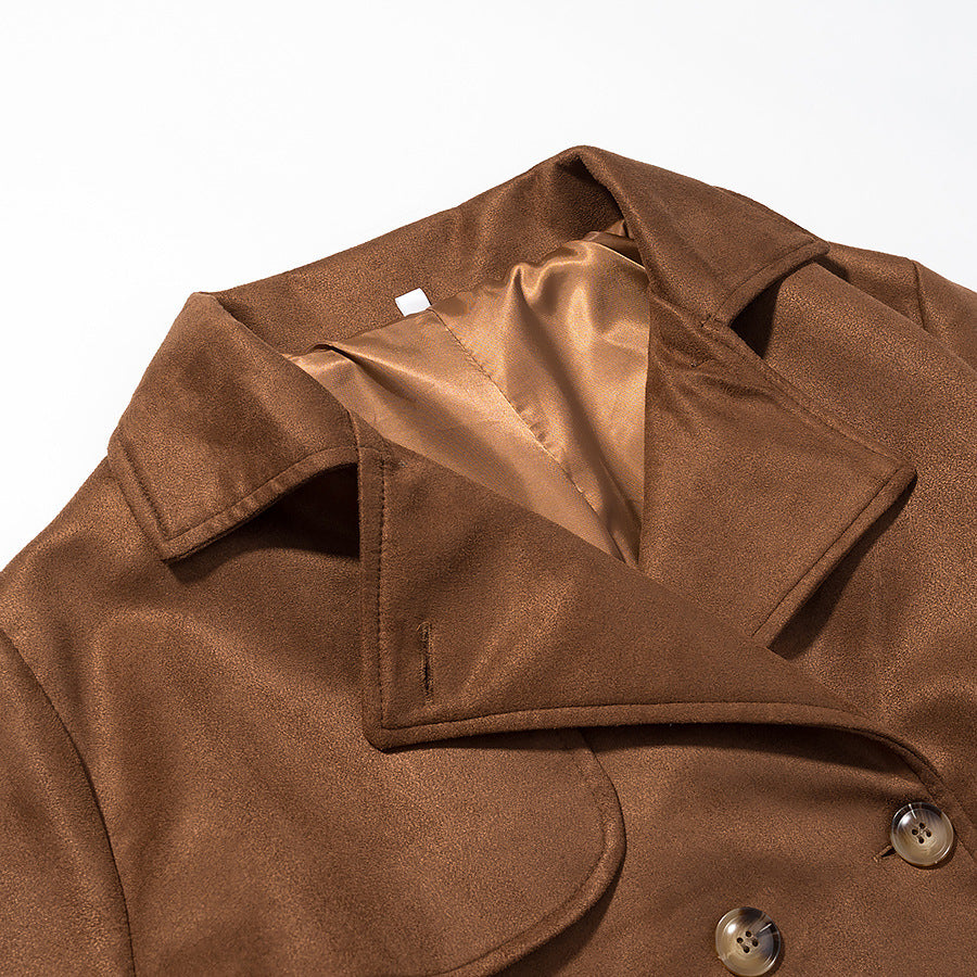 Damen eleganter Kunstledertrenchcoat mit taillierbarem Gürtel und praktischen Taschen R&B