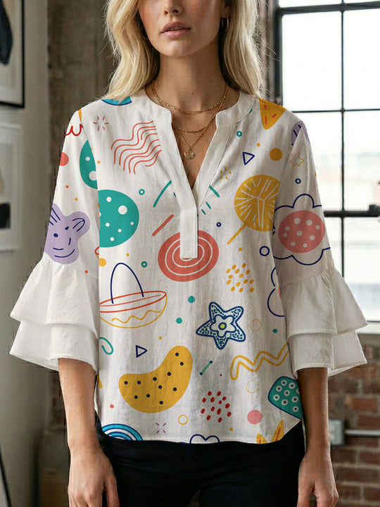 Damen Bluse mit voluminösen Rüschenärmeln und floralem Muster R&B
