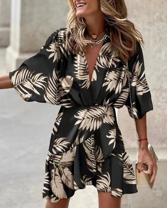 Damen Lässiges Wickelkleid mit voluminösen Ärmeln und modischem Tierdruck R&B