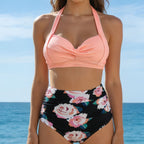 Damen Hochtailliertes Bikini-Set mit eleganter Raffung und floralem Design R&B