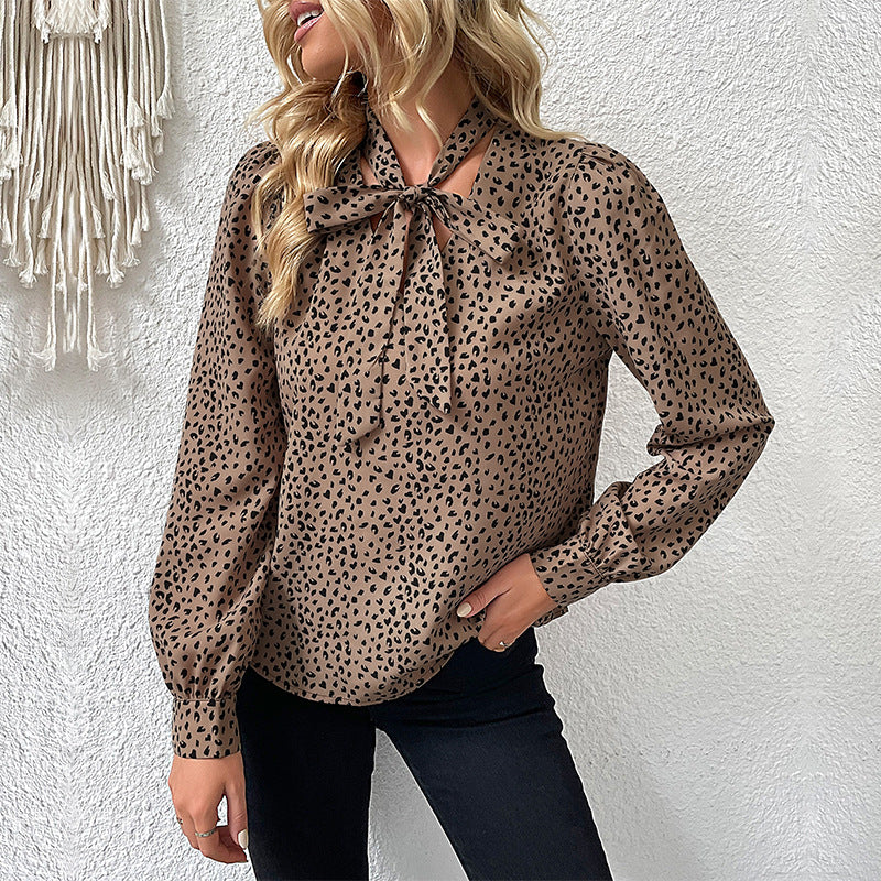 Damen Bluse mit Schleifen-Ausschnitt und Leopardenmuster R&B