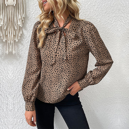 Damen Bluse mit Schleifen-Ausschnitt und Leopardenmuster R&B