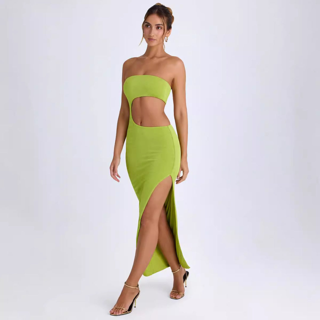 Damen Elegantes Cut-Out Maxikleid mit Schulterfreiem Design und Hohem Schlitz R&B