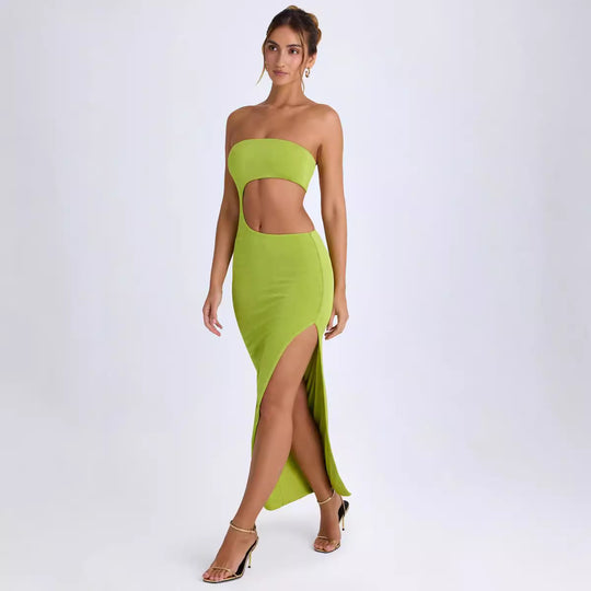 Damen Elegantes Cut-Out Maxikleid mit Schulterfreiem Design und Hohem Schlitz R&B