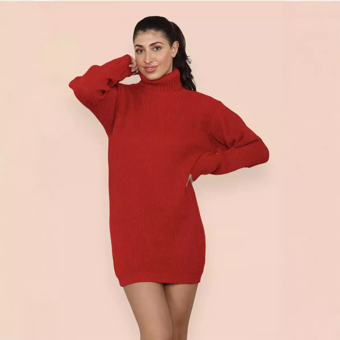 Damen Strickkleid im Oversized-Stil mit hohem Kragen und dekorativem Rippdesign R&B