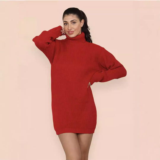 Damen Strickkleid im Oversized-Stil mit hohem Kragen und dekorativem Rippdesign R&B
