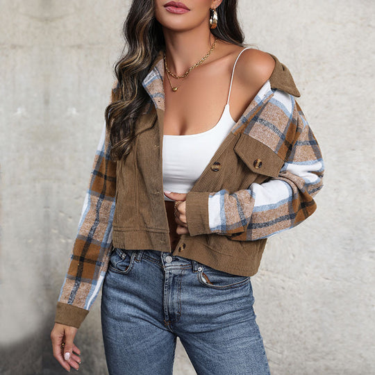Damen Karo-Cordjacke im lässigen Cropped-Stil mit Brusttaschen R&B
