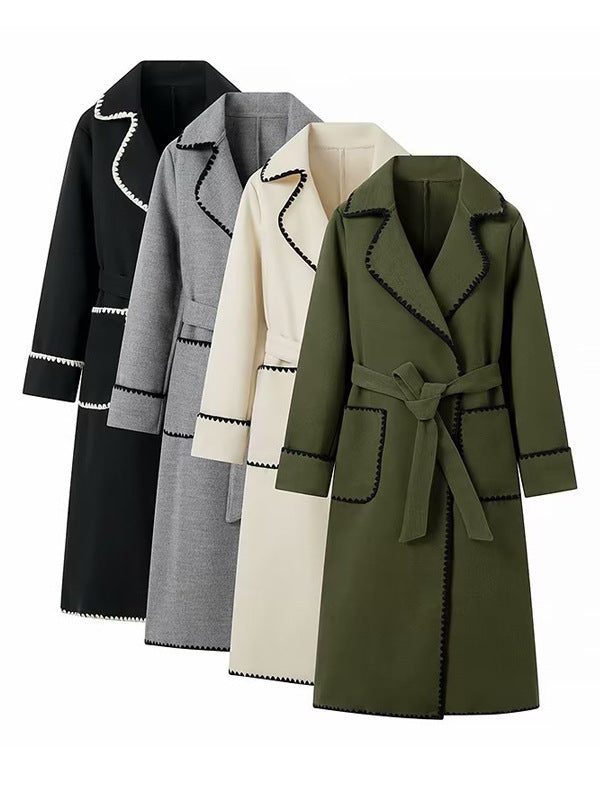 Damen eleganter Longcoat mit Bindegürtel und kontrastierenden Paspeln R&B