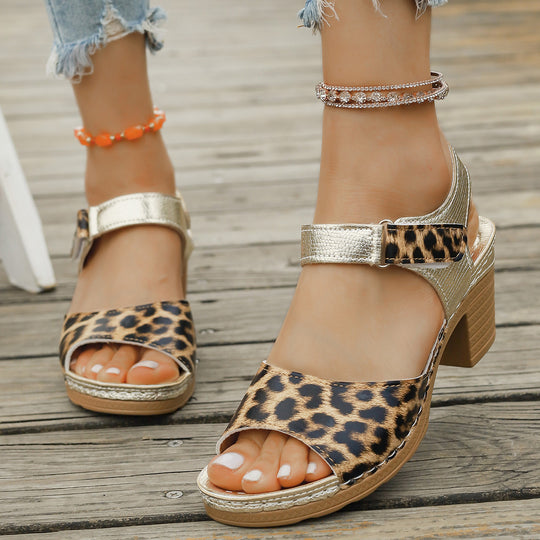 Damen Blockabsatz-Sandalen mit modischem Leopardenmuster und verstellbarem Riemen R&B