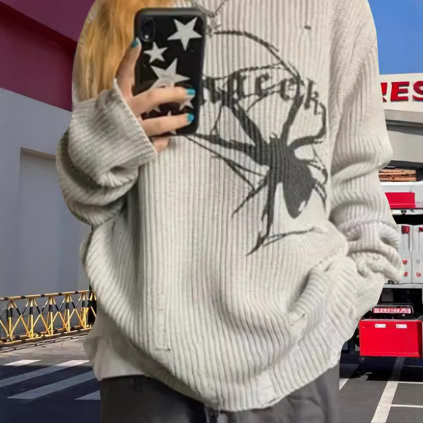Damen Oversized Strickpullover mit auffälligem Spinnenmuster R&B