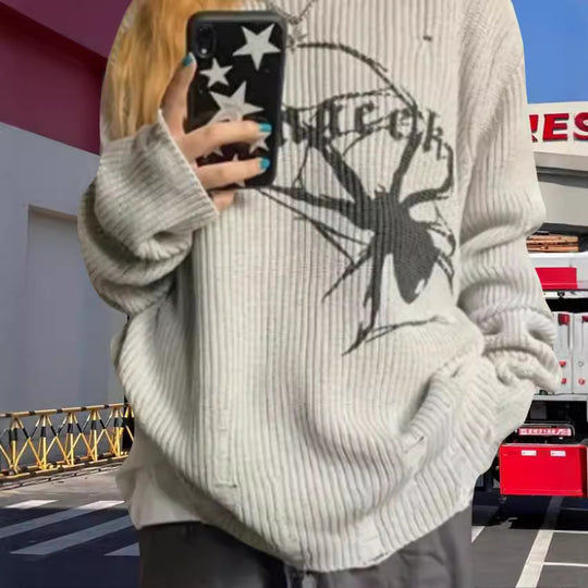 Damen Oversized Strickpullover mit auffälligem Spinnenmuster R&B