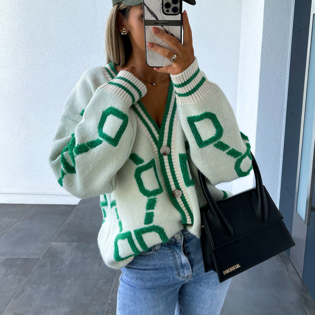 Damen modischer Strickcardigan mit geometrischem Muster R&B