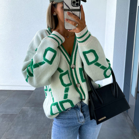 Damen modischer Strickcardigan mit geometrischem Muster R&B