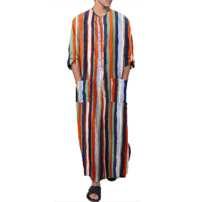 Herren nan bodenlanger gestreifter Leinenmix Kaftan mit Stehkragen und aufgesetzten Hüfttaschen R&B