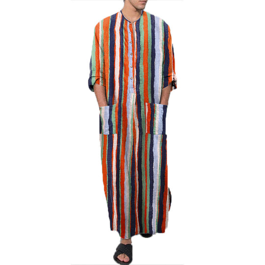 Herren nan bodenlanger gestreifter Leinenmix Kaftan mit Stehkragen und aufgesetzten Hüfttaschen R&B