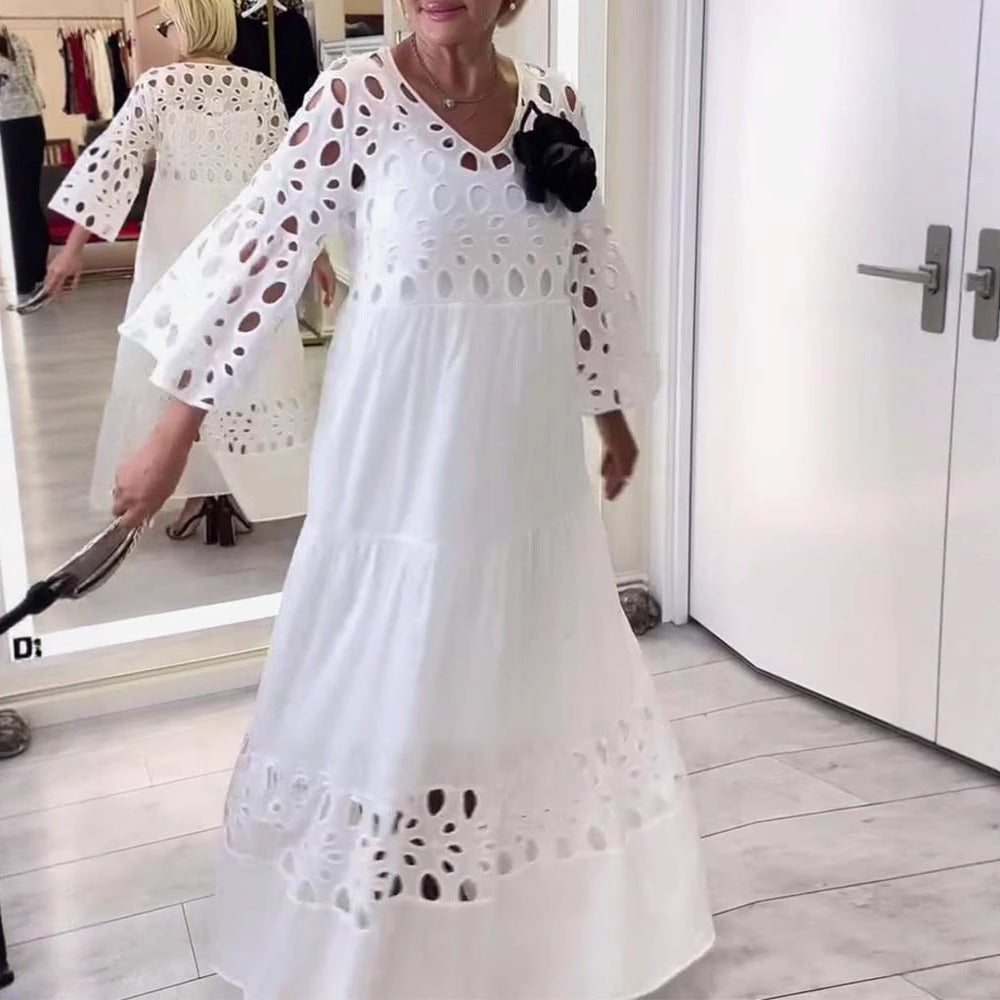 Damen nan Maxikleid mit Ajour-Lochstickerei, V-Ausschnitt, weiten Glockenärmeln und Stufensaum R&B