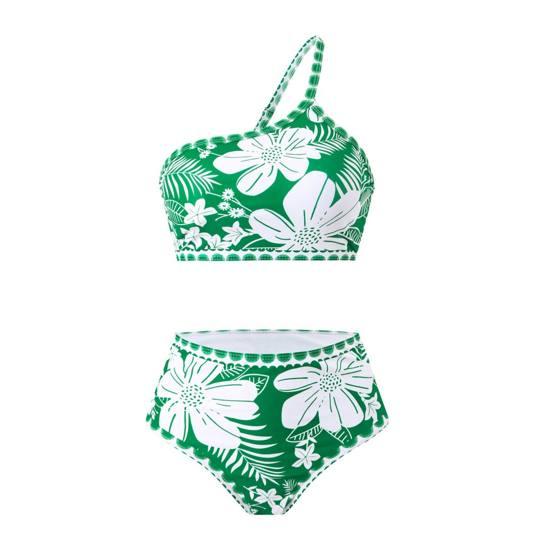 Damen Bikini-Set mit asymmetrischem Oberteil und floralen Details R&B
