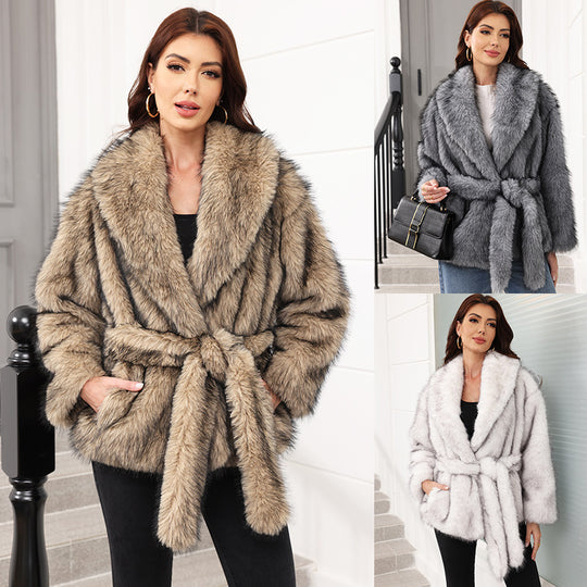 Damen Eleganter Kunstpelzmantel mit Gürtel und breitem Revers R&B