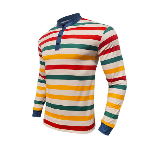 Herren nan gestreiftes Langarm-Henleyshirt mit Stehkragen, schmaler Passform und elastischem Baumwollmix R&B