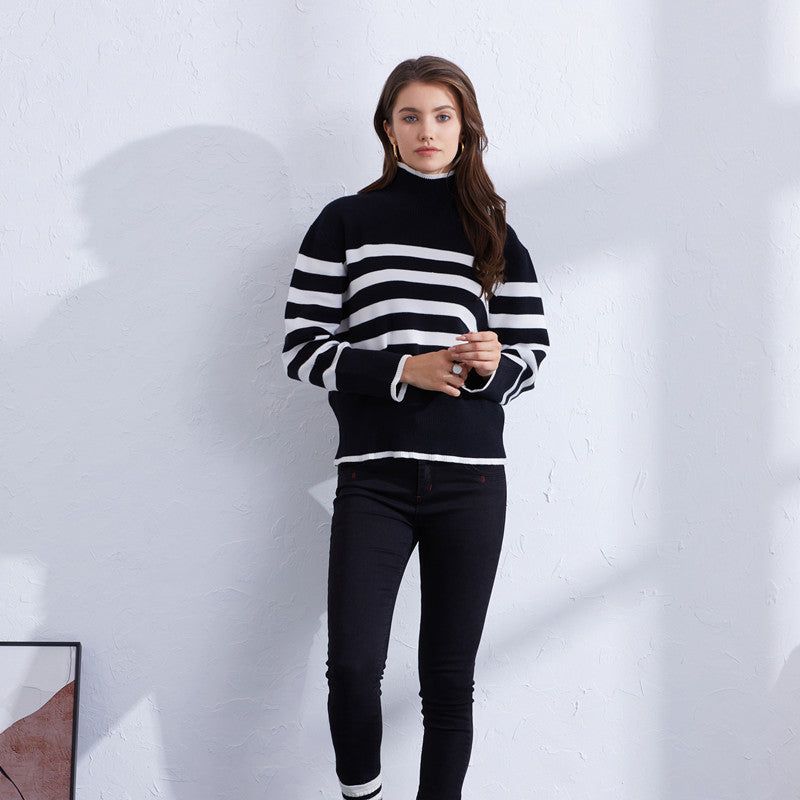 Damen hochwertiger gestreifter Pullover mit Stehkragen R&B