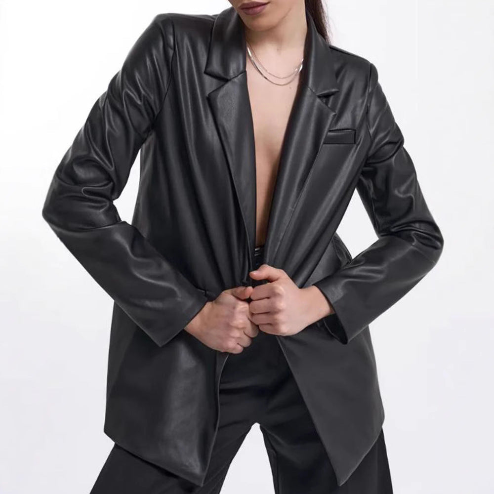 Damen minimalistische und elegante Kunstleder Blazer R&B