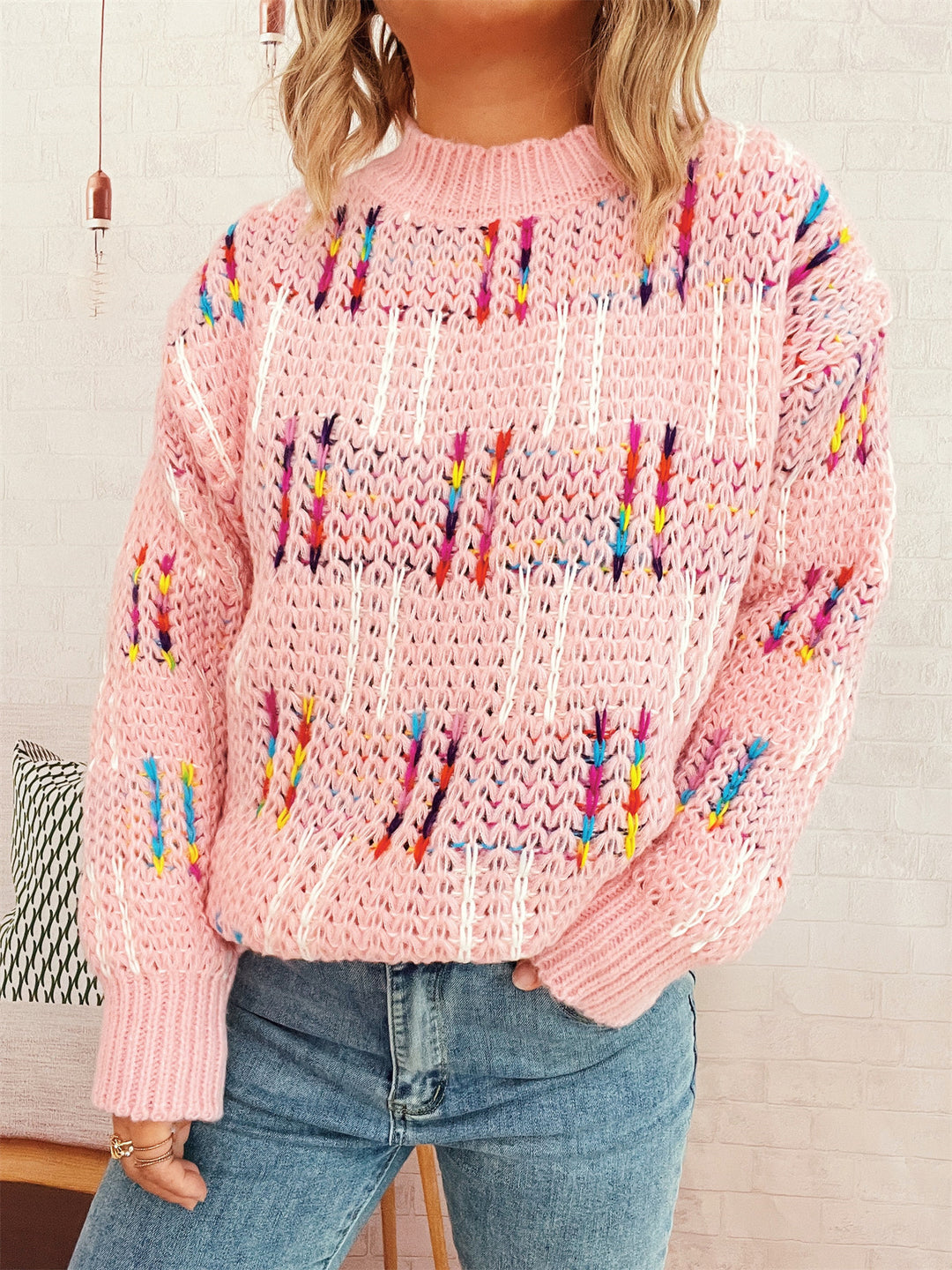 Damen lässiger Strickpullover mit vielseitigem Farbenspiel und hohem Kragen R&B