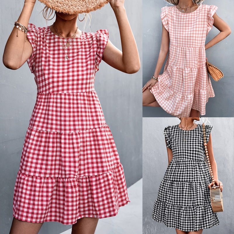 Damen Viskosekleid mit Rüschendetails und kariertem Design R&B