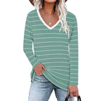 Damen V-Ausschnitt Langarmshirt mit Streifenmuster und seitlichen Schlitzen R&B