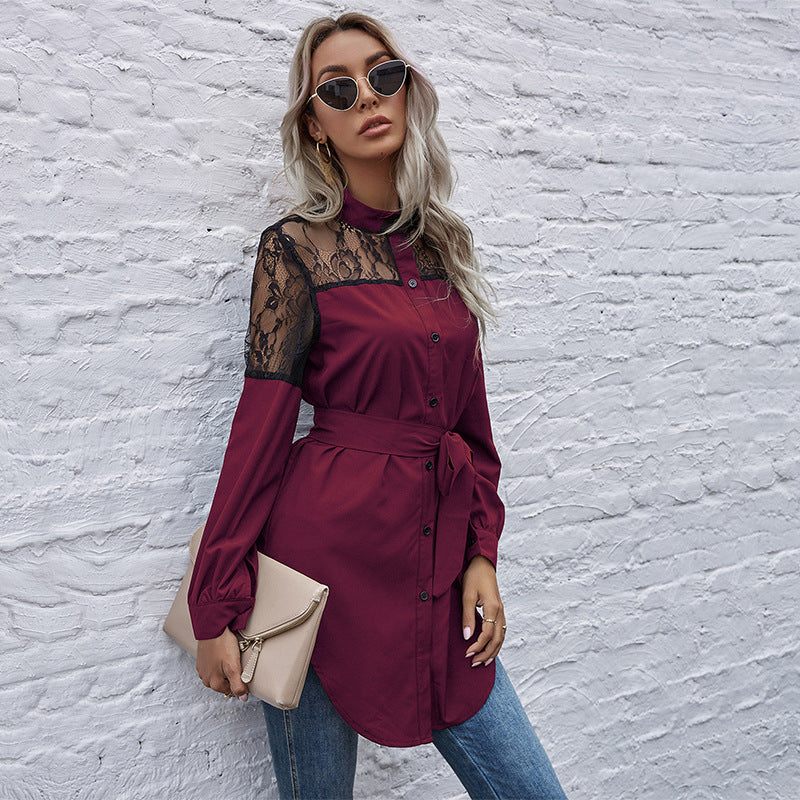 Damen Hemdblusenkleid mit transparenter Spitzenoptik und tailliertem Gürtel R&B