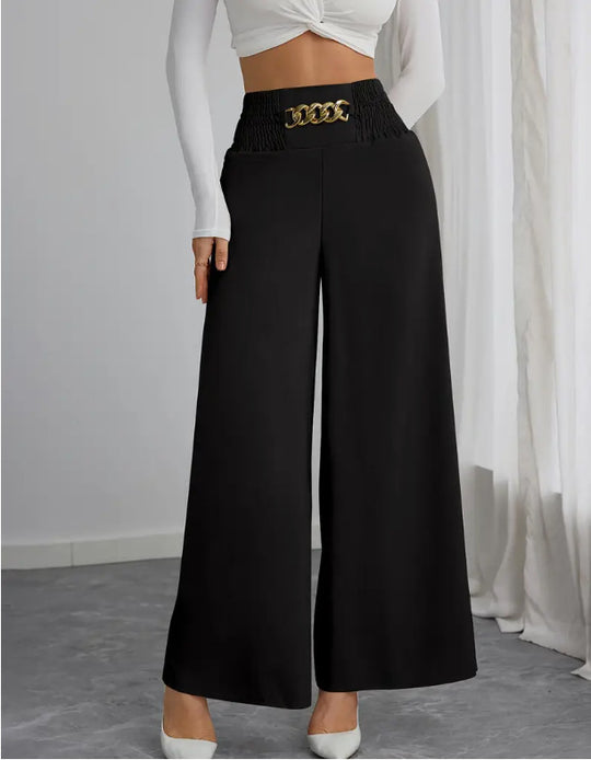Damen Weite High-Waist Hose mit dekorativem Gummizug und modischem Gürtel R&B